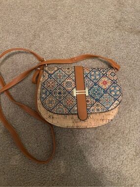 French Azulejo Cork Crossbody Bag Tile Print Gold H Buckle Purse
